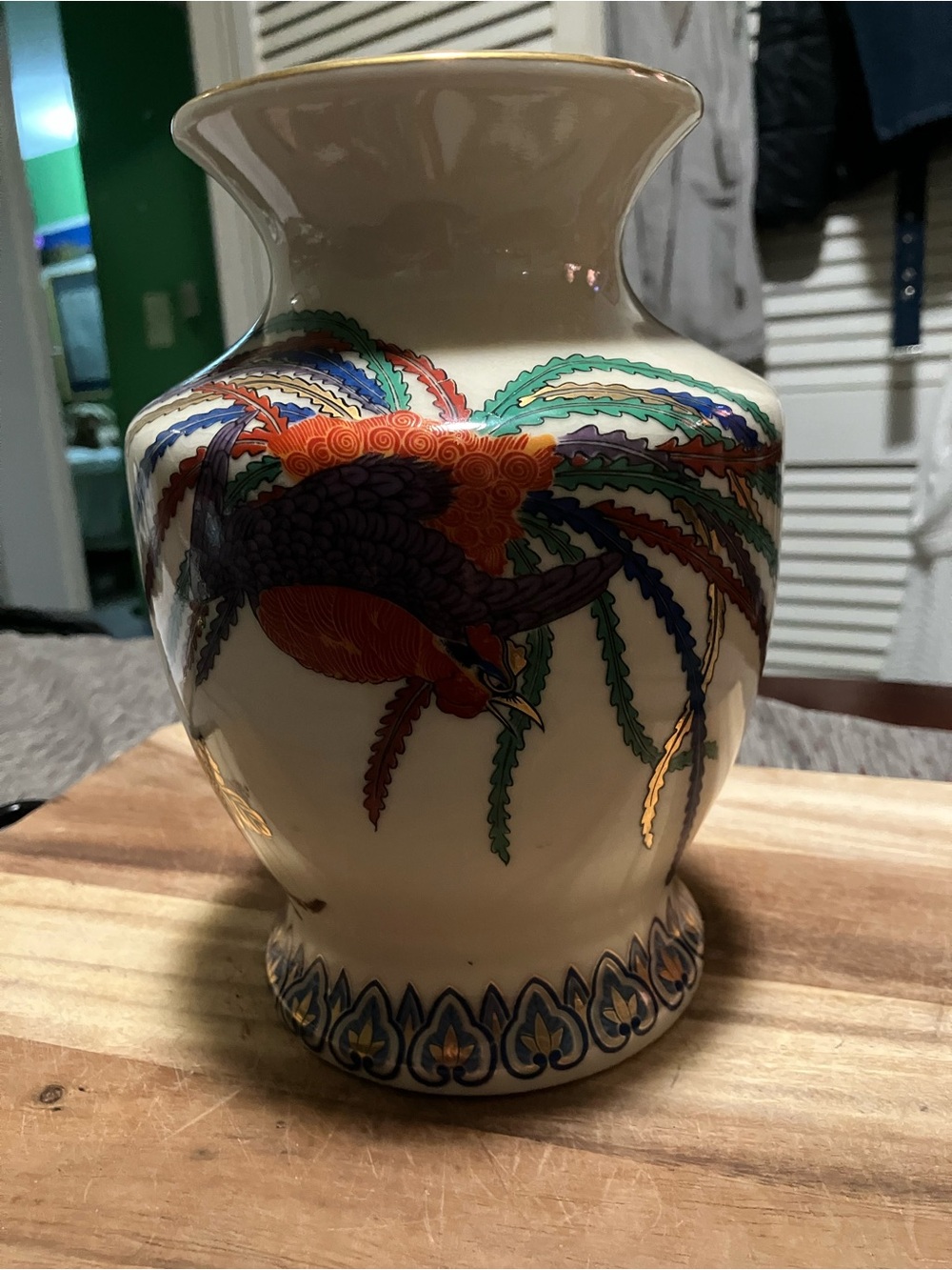 Vintage Japanese Ivory Ceramic Vase with Multicolor Phoenix Motif